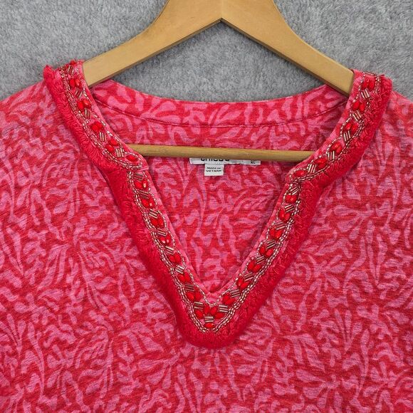 Chico’s Size 3 XL Reef Pink Red Linen Beaded Embellished Split Neck Tunic Top - Picture 5 of 14